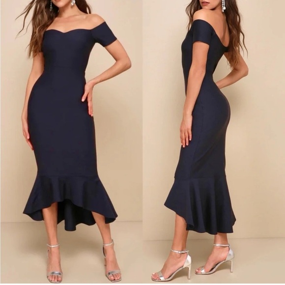 Lulu’s NWT How Much I Care Midnight Blue Off-the-Shoulder Midi Dress Size Small - Picture 1 of 9